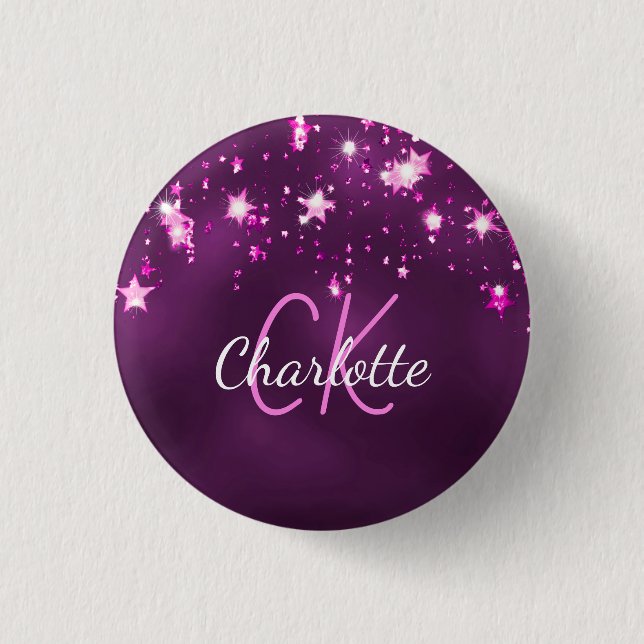 Purple glitter stars custom monogram pink 3 cm round badge (Front)