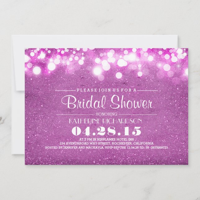 purple glitter & string lights bridal shower invitation (Front)