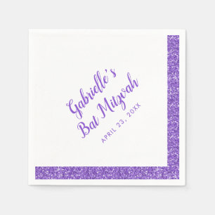 Purple Glitter Stripe Personalized Bat Mitzvah Napkin