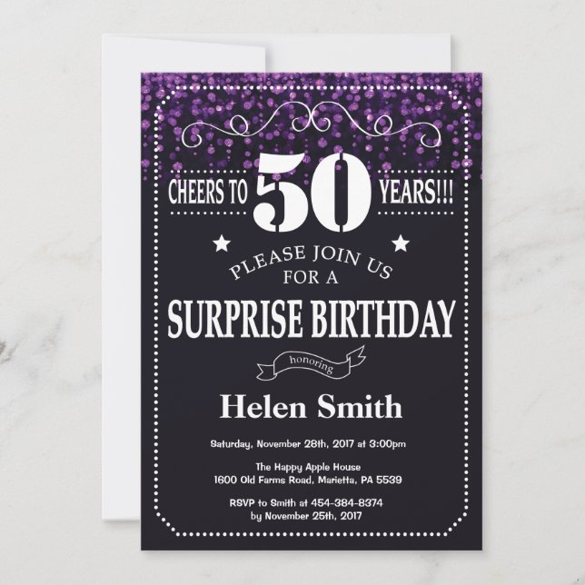 Purple Glitter Surprise 50th Birthday Invitation (Front)