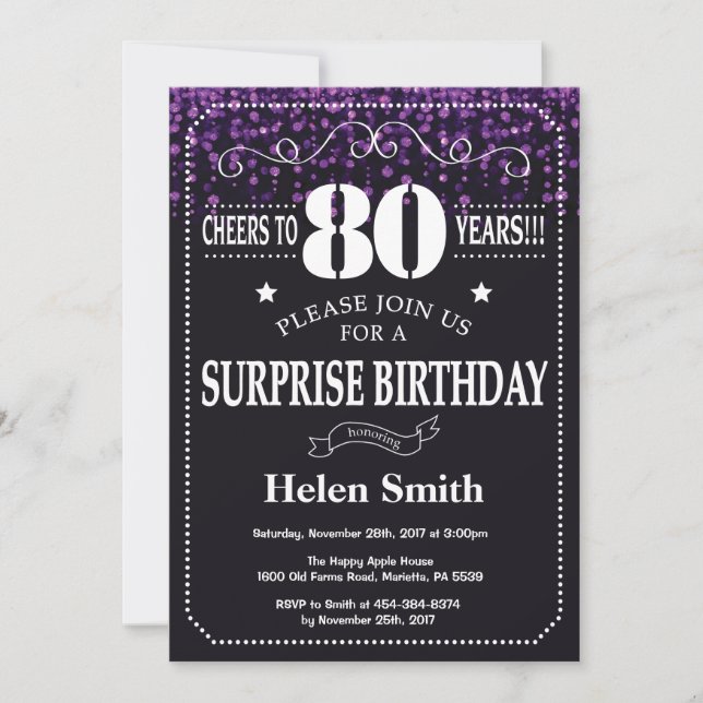 Purple Glitter Surprise 80th Birthday Invitation (Front)