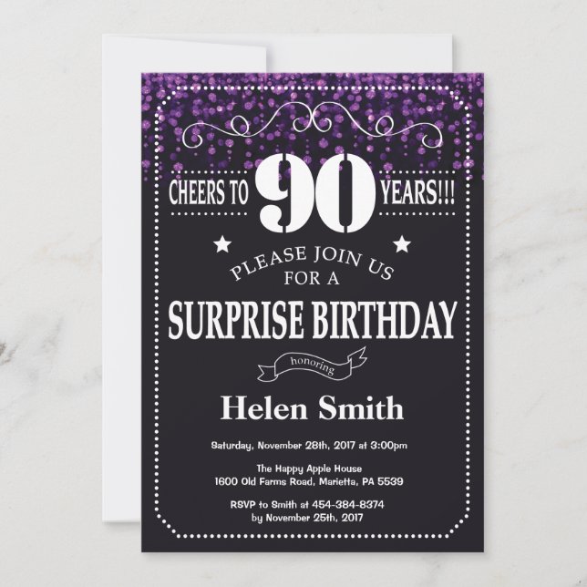 Purple Glitter Surprise 90th Birthday Invitation (Front)