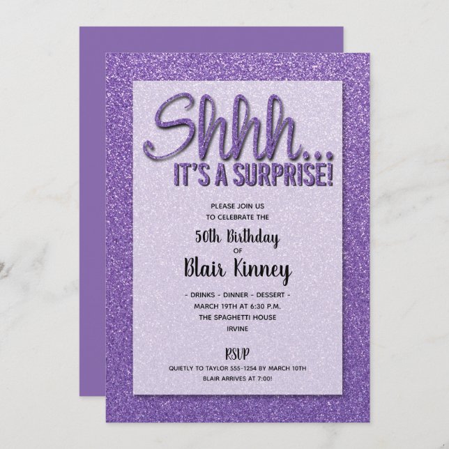Purple Glitter SURPRISE Birthday Invitations (Front/Back)