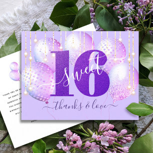 Purple Glitter Sweet 16 Birthday Balloon Thank You Postcard