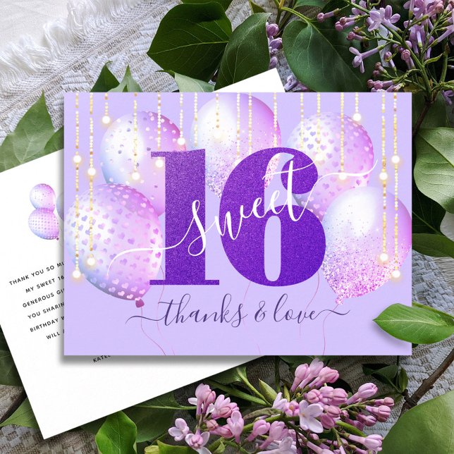 Purple Glitter Sweet 16 Birthday Balloon Thank You Postcard (Creator Uploaded)