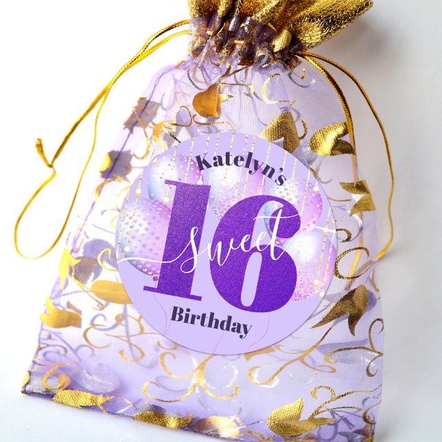 Purple Glitter Sweet 16 Birthday Balloons Script Classic Round Sticker (Creator Uploaded)
