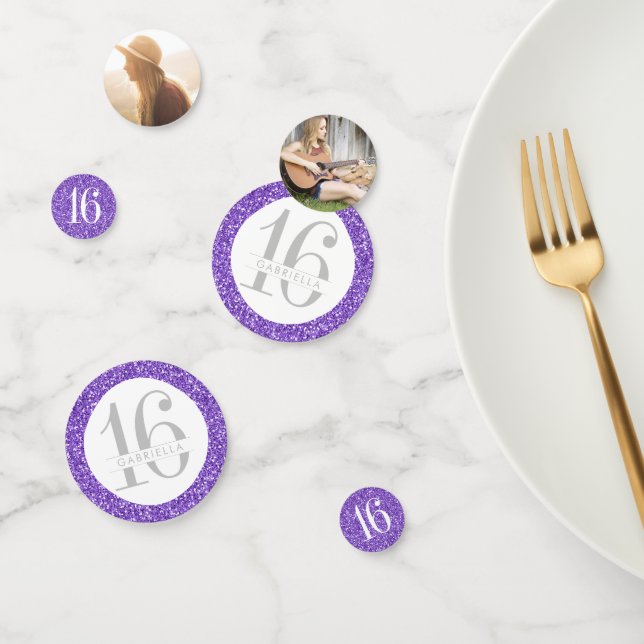 Purple Glitter Sweet 16 Custom Photo Big Table Confetti (Group)
