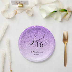 Purple Glitter Sweet 16 Personalised Paper Plate
