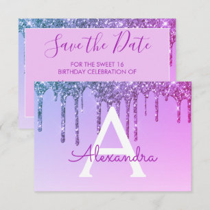 Purple Glitter Sweet 16 Save the Date Invitation