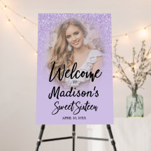 Purple Glitter Sweet 16 Welcome Board with Photo