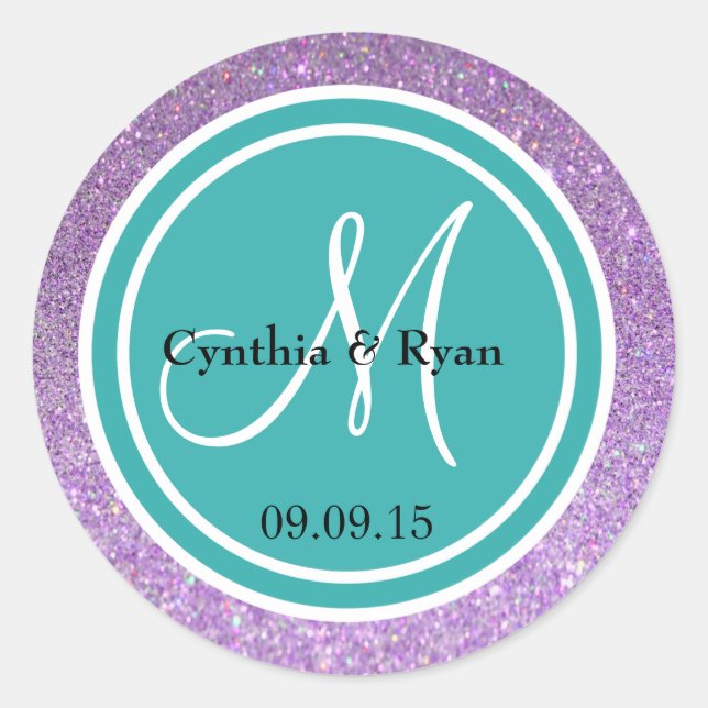 Purple Glitter & Teal Blue Wedding Monogram Classic Round Sticker (Front)