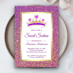 Purple Glitter Tiara Princess Sweet Sixteen Invitation
