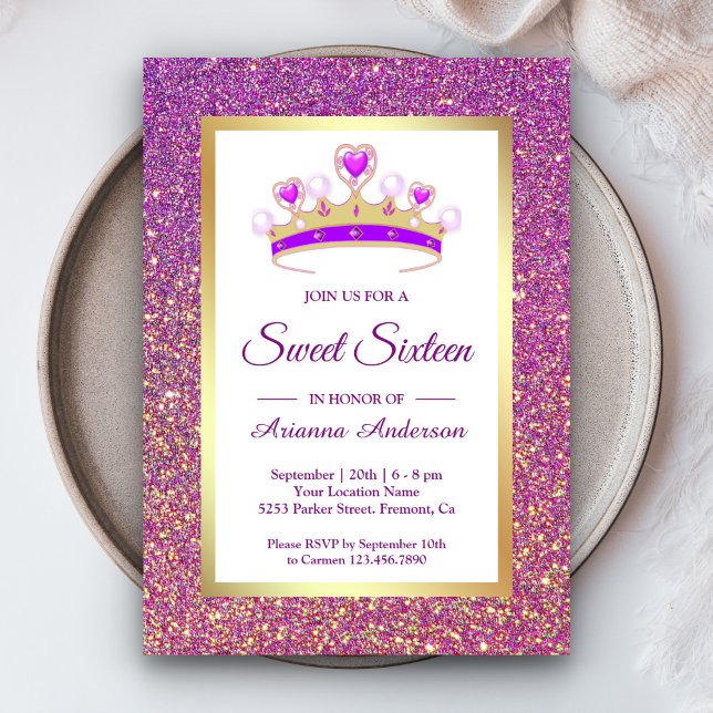 Purple Glitter Tiara Princess Sweet Sixteen Invitation (Creator Uploaded)