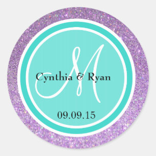 Purple Glitter & Turquoise Wedding Monogram Label