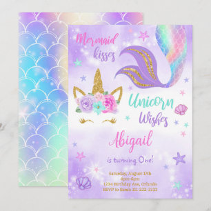 Purple Glitter Unicorn Mermaid Birthday Invitation