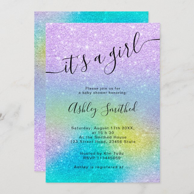 Purple glitter unicorn ombre script baby shower invitation (Front/Back)