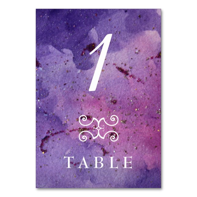 Purple Glitter Watercolor Custom Table Number Card (Front)