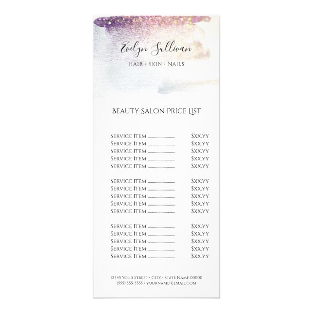 purple glitter watercolor price list rack card (Front)