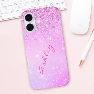 Purple Glitter & White Stars, Script Name iPhone 16 Case