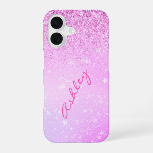 Purple Glitter & White Stars, Script Name iPhone 16 Case