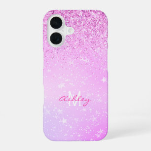 Purple Glitter, White Stars Script Name & Monogram iPhone 16 Case
