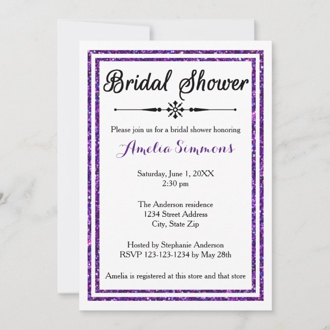Purple Glittered Trim -Bridal Shower Invitation (Front)