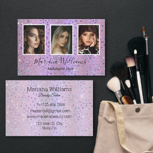 purple glitters makeup and hair 3 photos collage business card