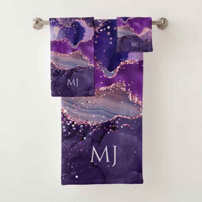 Purple Glittery Agate Texture Bath Towel Set (Insitu)