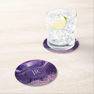 Purple glittery agate texture monogram round paper coaster