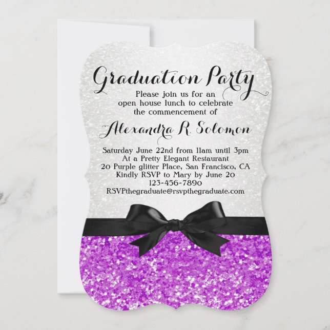 Purple Glittery Bow Graduation Party Invitation (Front)
