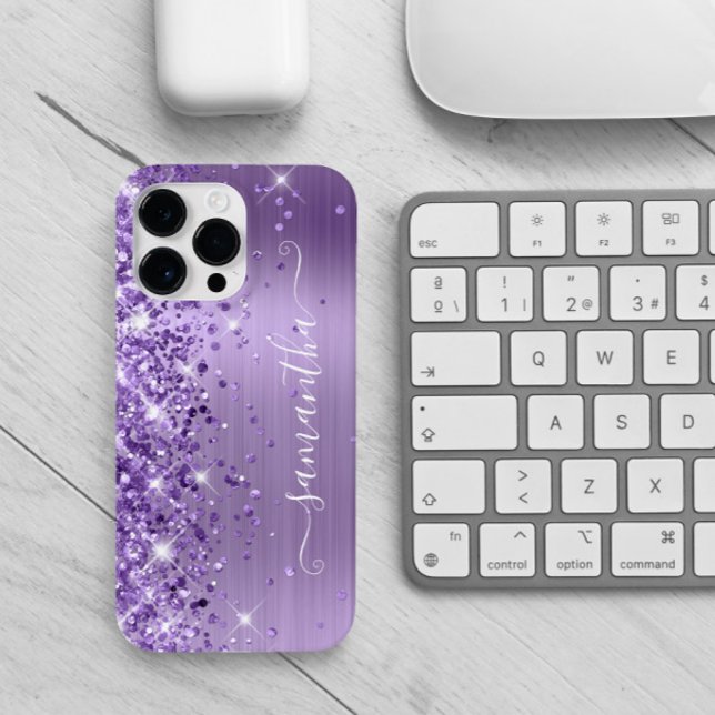 Purple Glittery Glam Girly Signature Case-Mate iPhone Case (Signature style text with curly swashes for her.)