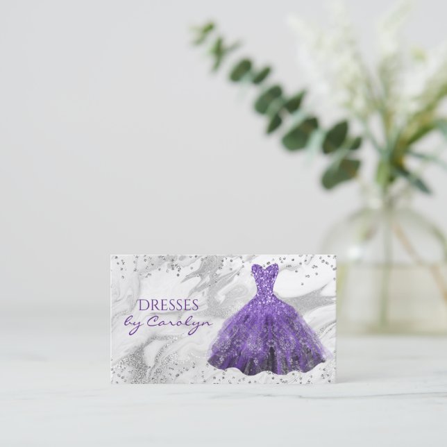 Purple Glittery Seamstress  Business Card (Standing Front)