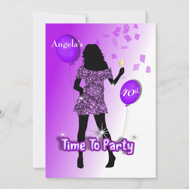 Purple Glitzy Girly Time To Party Personalised Invitation (Front)