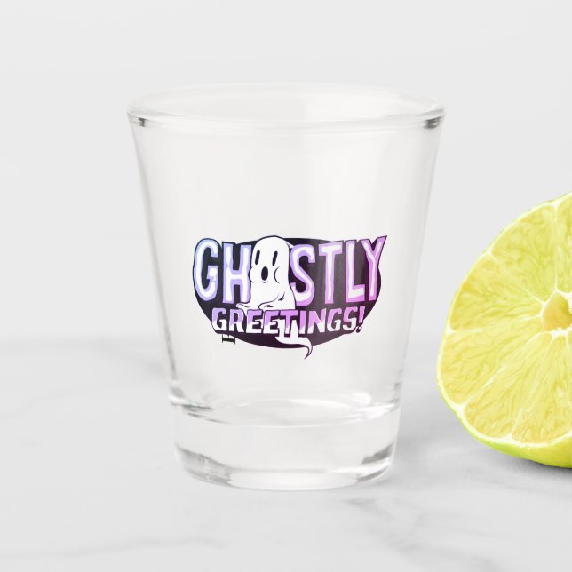 Purple Glow Ghostly Greetings Halloween Shot Glass (Front)