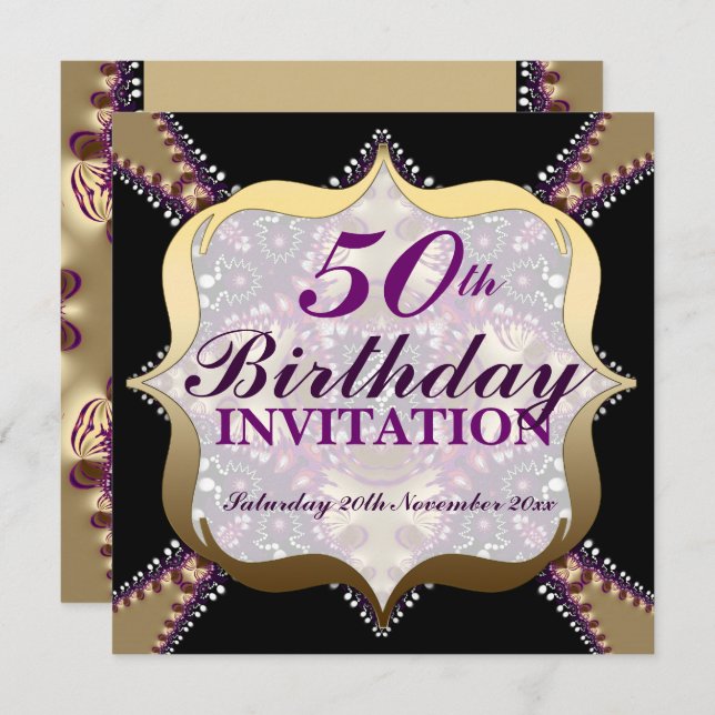 Purple+Gold 50th Birthday Celebrations Invitation (Front/Back)