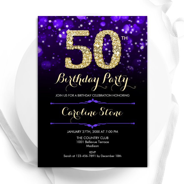 Purple Gold 50th Birthday Invitation (Creator Uploaded)
