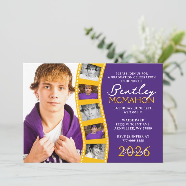 Purple & Gold 6 Photo Filmstrip Graduation Collage Invitation (Standing Front)