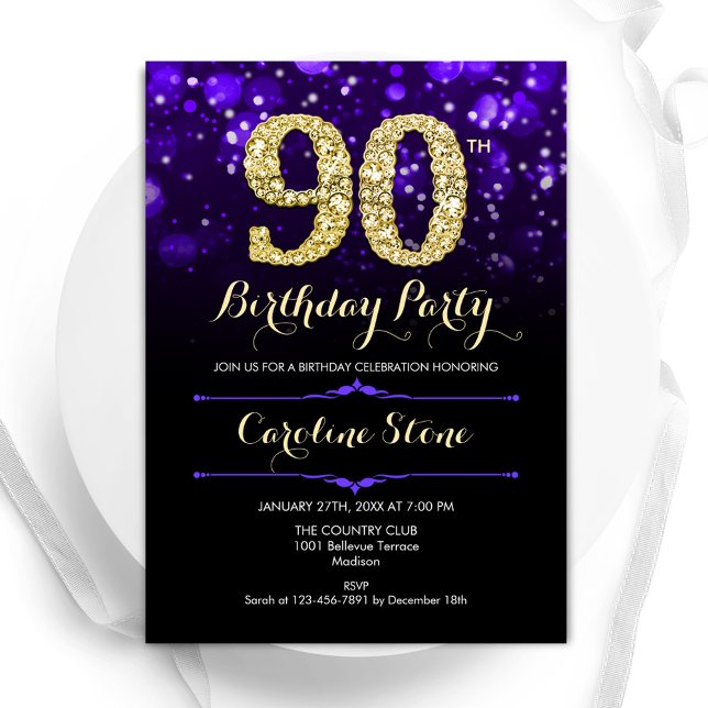 Purple Gold 90th Birthday Invitation (Creator Uploaded)