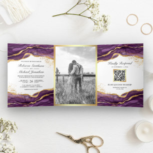 Purple Gold Abstract Ink QR Code Wedding Tri-Fold Invitation