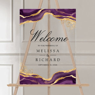 Purple Gold Abstract Ink Wedding Welcome Acrylic Sign