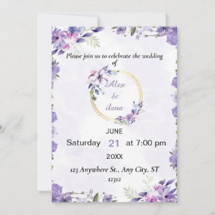 Purple Gold Aesthetic Watercolor Flower Wedding Invitation