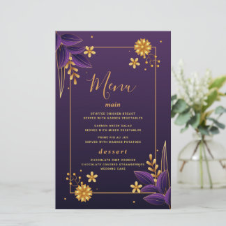 Purple & Gold Aesthetics Floral Wedding Menu Cards