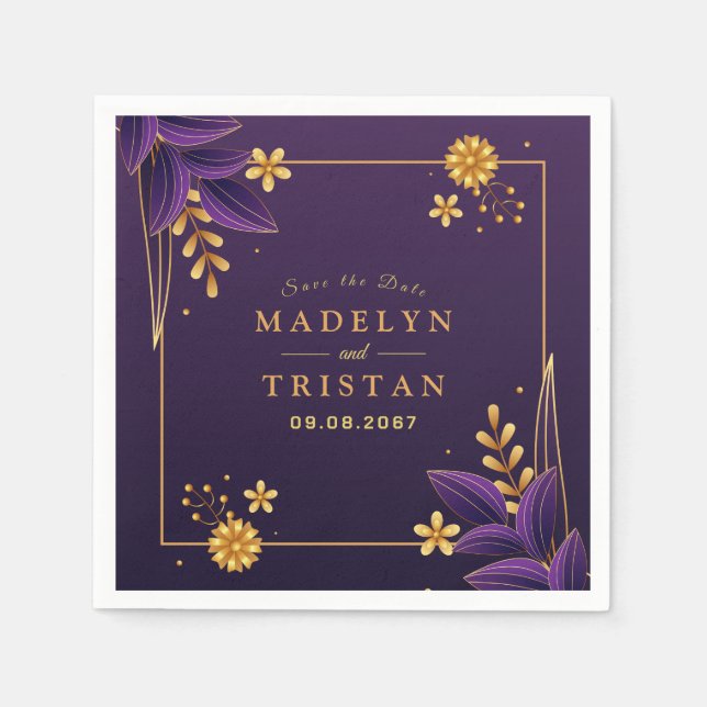 Purple & Gold Aesthetics Floral Wedding Napkin (Front)