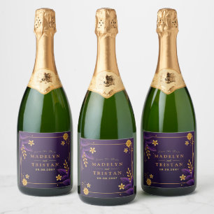 Purple & Gold Aesthetics Floral Wedding Sparkling Wine Label