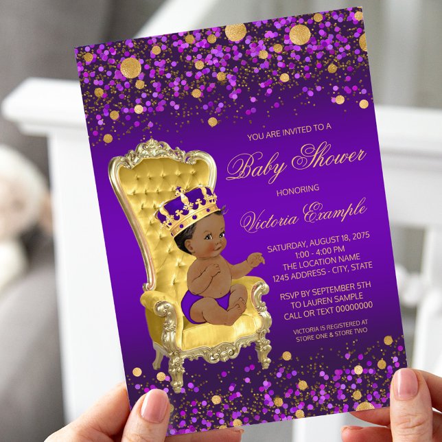 Purple Gold African American Prince Baby Shower Invitation (Creator Uploaded)