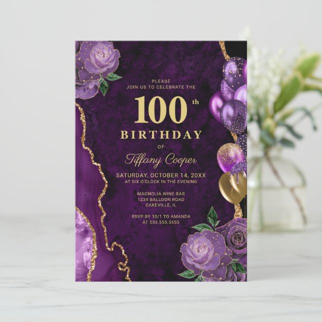 Purple Gold Agate 100th Birthday Invitation (Standing Front)
