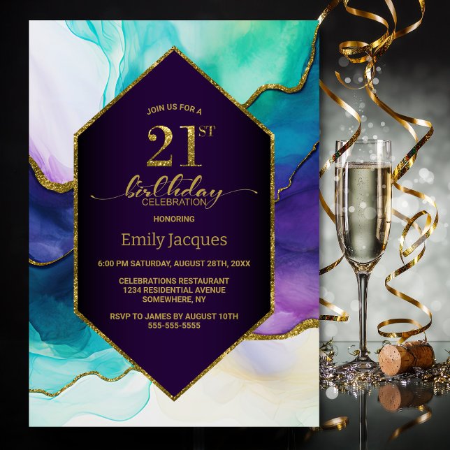 Purple Gold Agate 21st Birthday Party Invitation (Creator Uploaded)