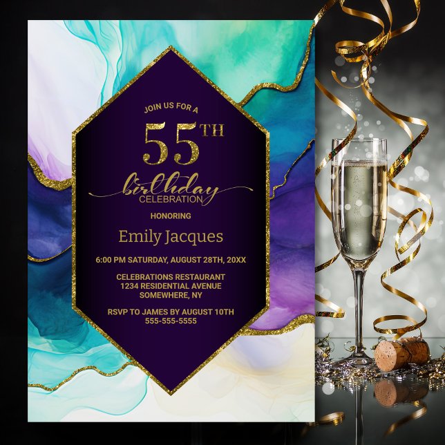 Purple Gold Agate 55th Birthday Party Invitation (Creator Uploaded)