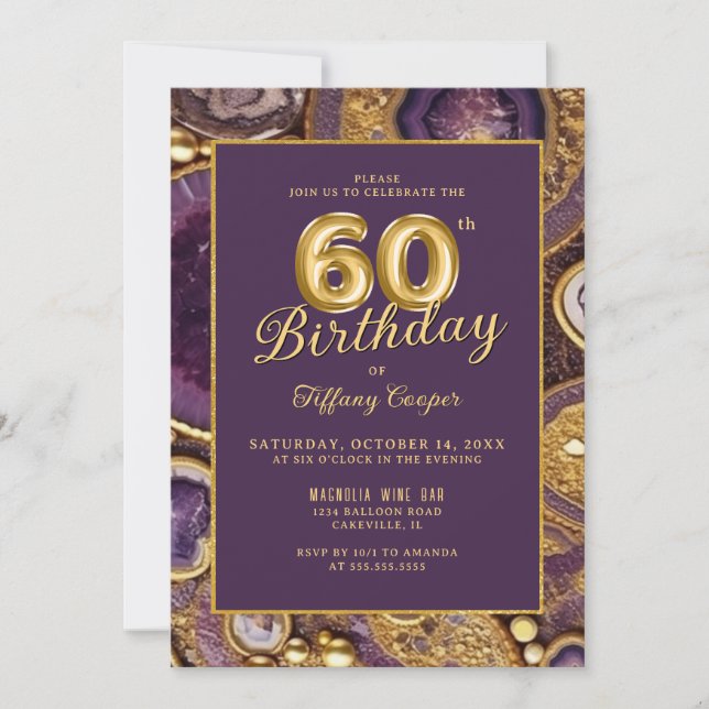 Purple Gold Agate 60th Birthday Invitation (Front)