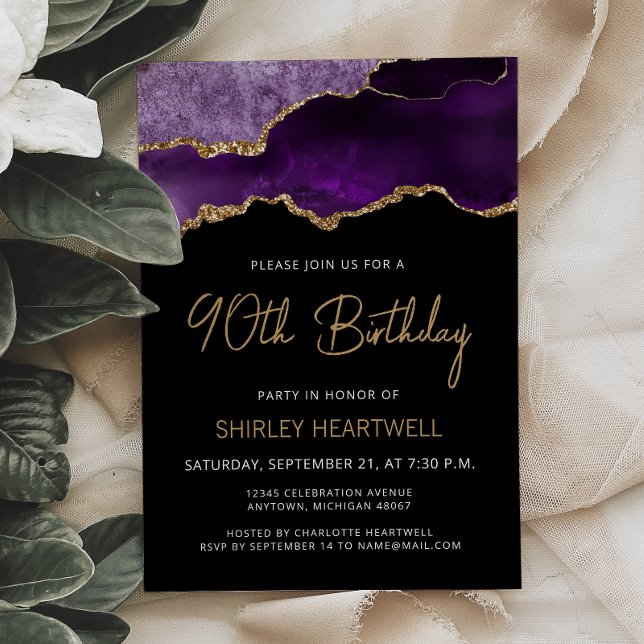 Purple Gold Agate 90th Birthday Invitation (Creator Uploaded)
